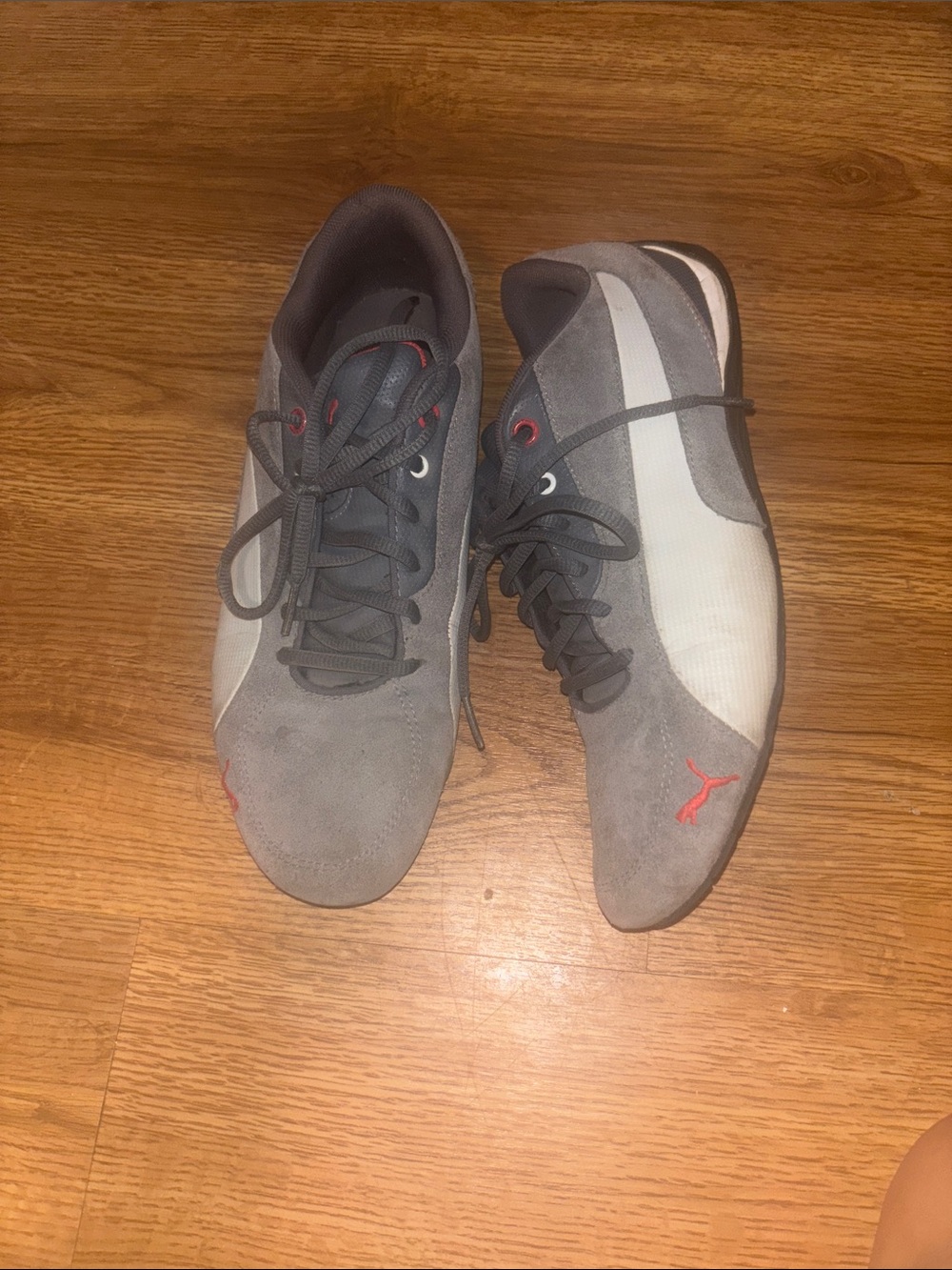 Puma Gray and White Suede Racing Sneakers with Red Logo